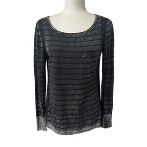 White + Warren Lightweight Scoop Neck Long-Sleeve Sweater Black & Gray Striped S